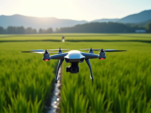ドローンが飛行する広大な新潟の田園風景