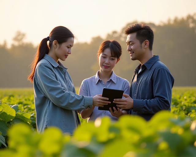 農業未来株式会社のチームが畑で農家とタブレットを見ながら協議している